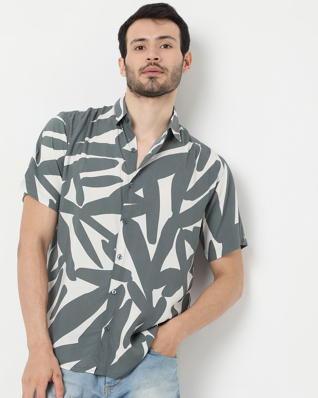 Grey and White Cactus Rayon Print Half Sleeve Shirt