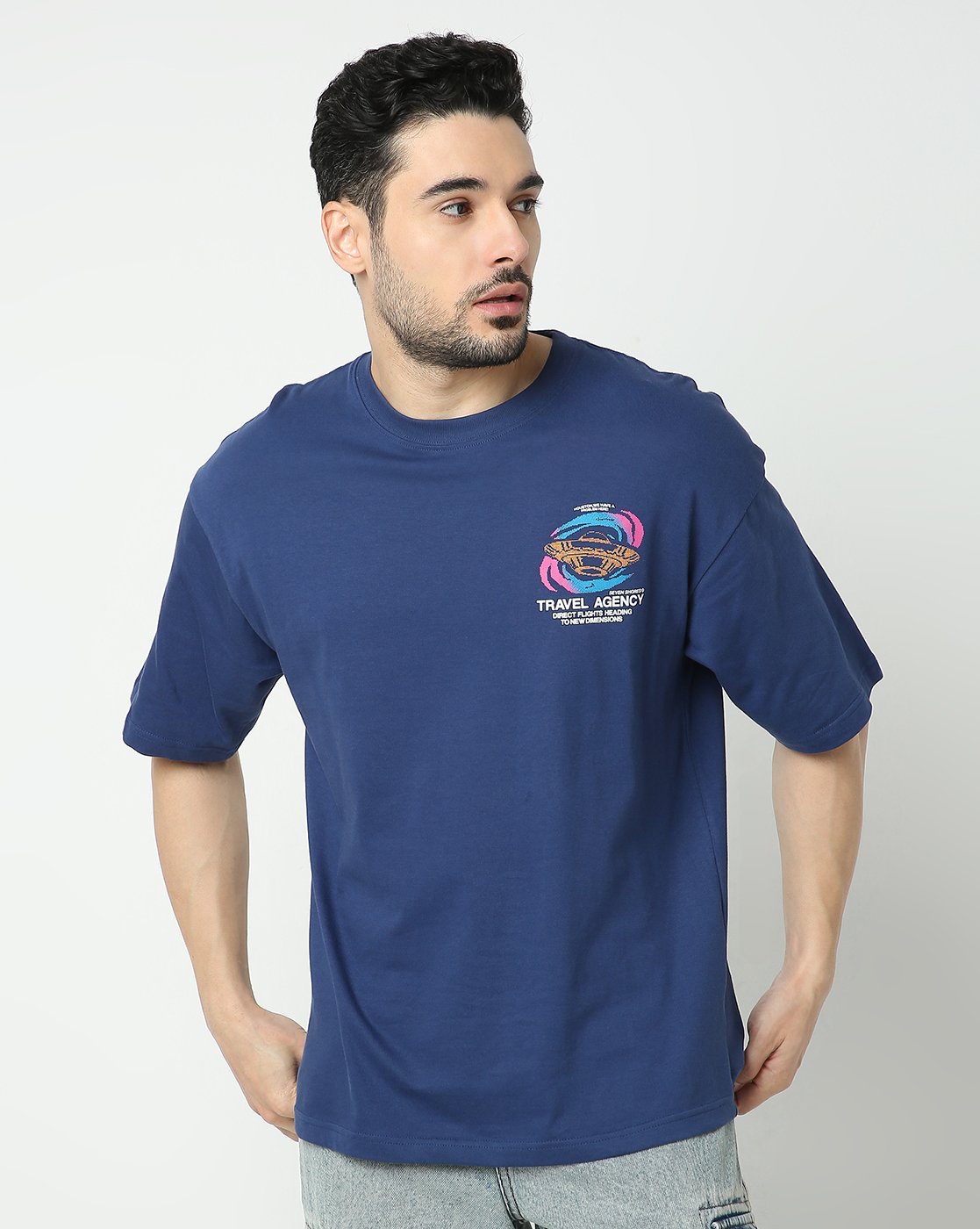 7Shores Blue Travel Junkie Oversized Tshirt