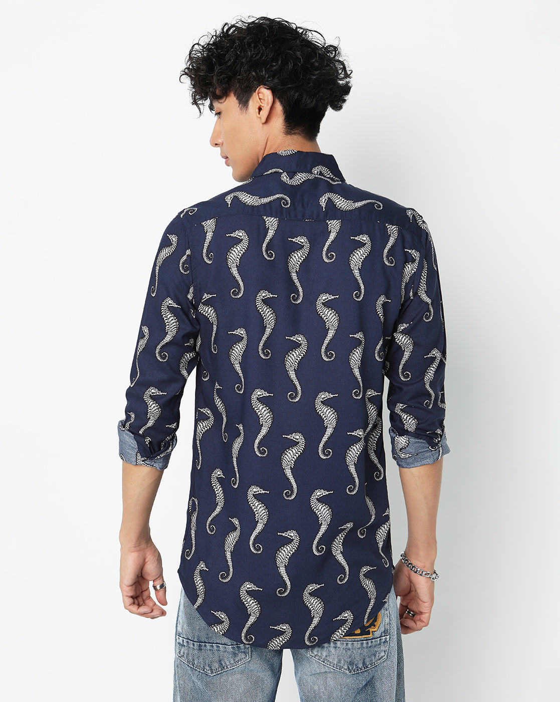 Navy Blue Abstract Seahorses Rayon Full Sleeve Shirt