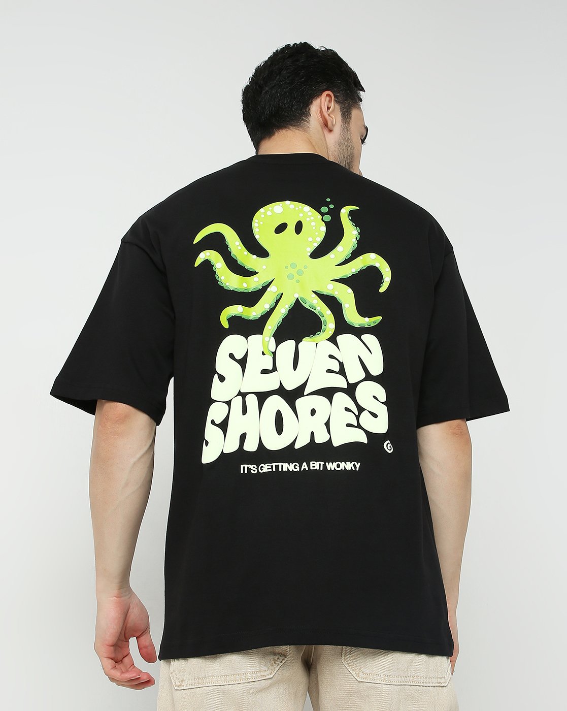 7Shores Black Crazy Octopus Printed Oversized Tshirt