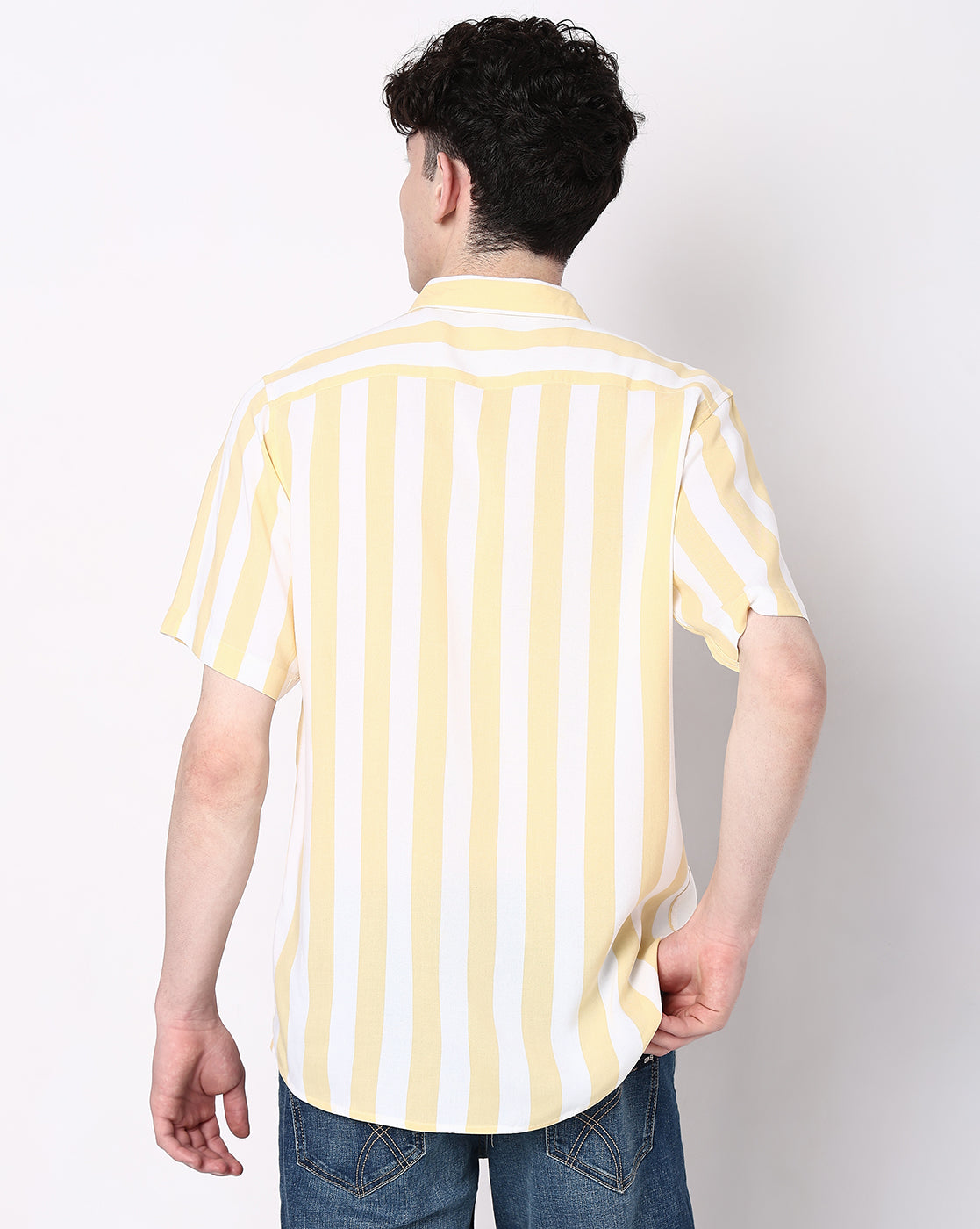 Light Yellow Striped Rayon Half Sleeve Shirt