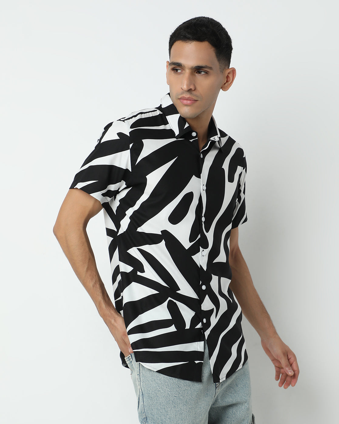 Black and White Cactus Rayon Printed Half Sleeve Shirt