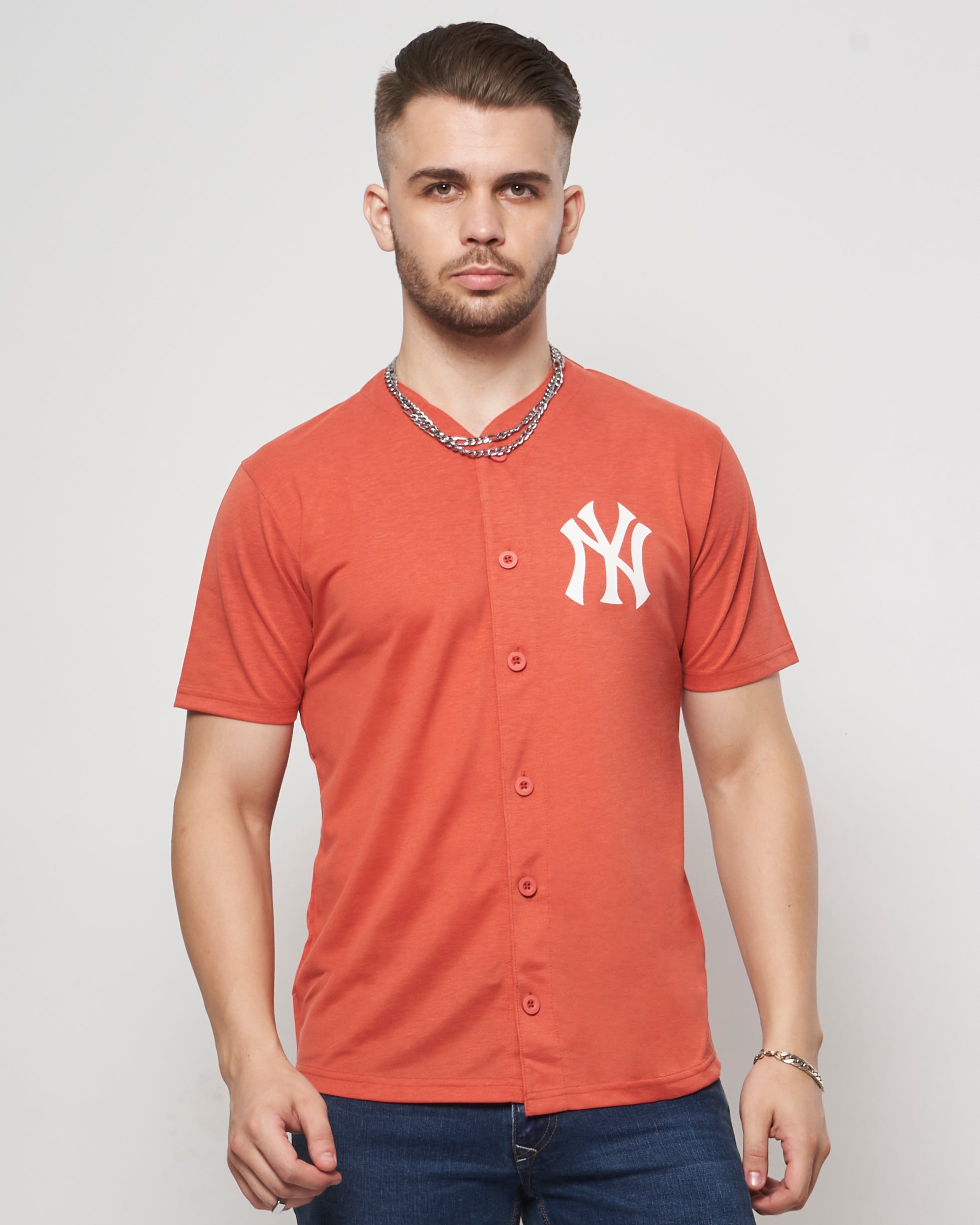 Red NY Button Down Baseball Jersey M