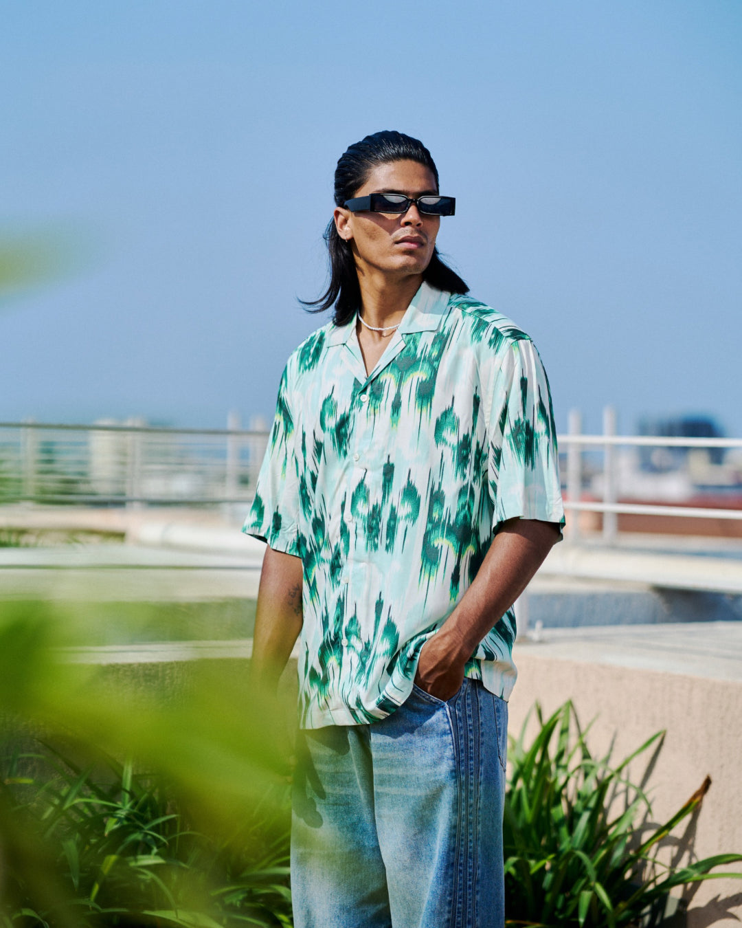 White and Green Matrix Printed Drop-shoulder Half Sleeve Rayon Shirt