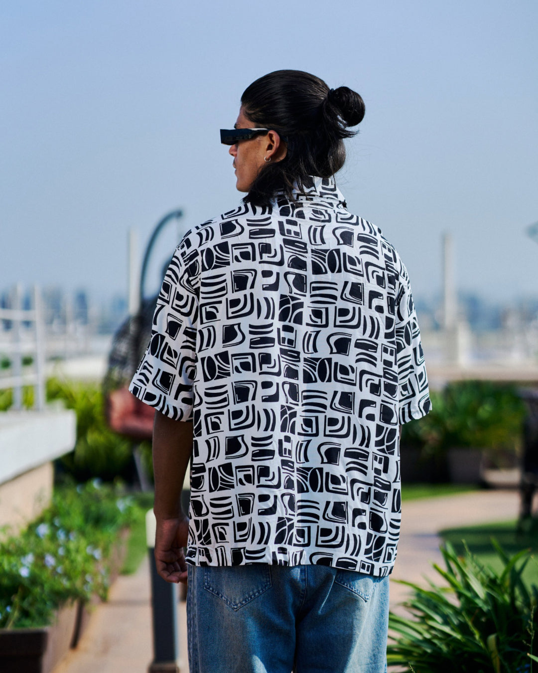 Black and White Opaque Printed Drop-shoulder Half Sleeve Rayon Shirt