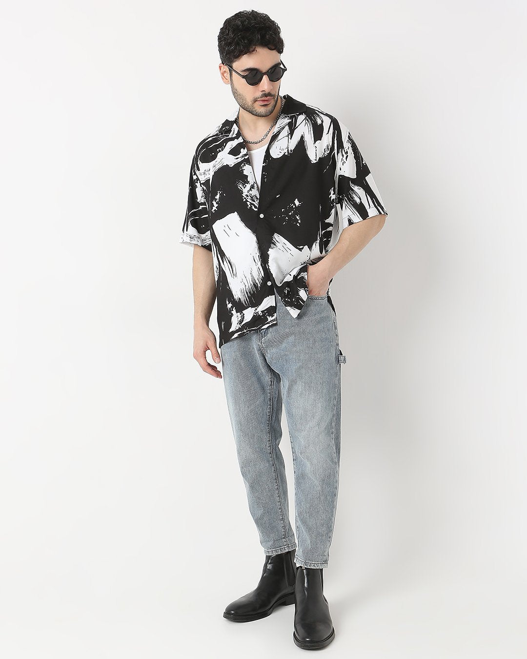 Black and White Abstract Printed Drop-shoulder Half Sleeve Rayon Shirt