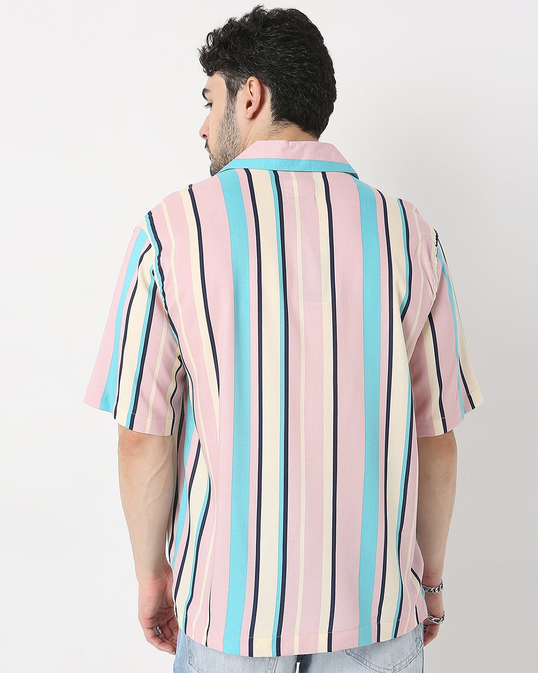 Multicolored Thick and Thin Striped Drop-shoulder Half Sleeve Rayon Shirt
