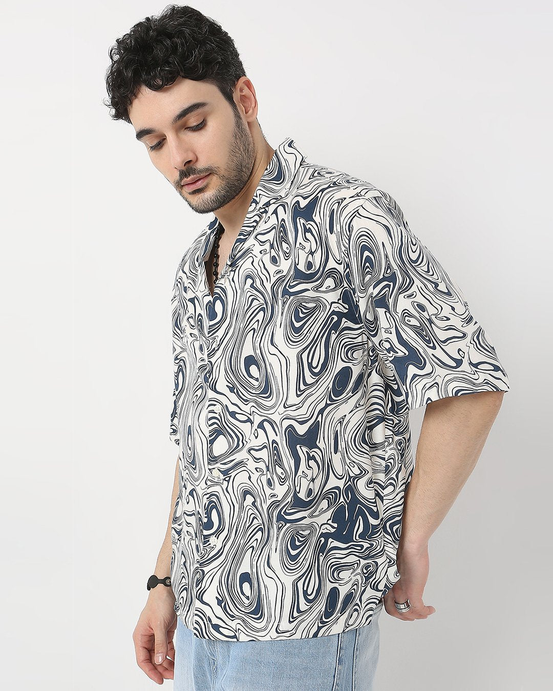Multicolored Abstract Printed Drop-shoulder Half Sleeve Rayon Shirt