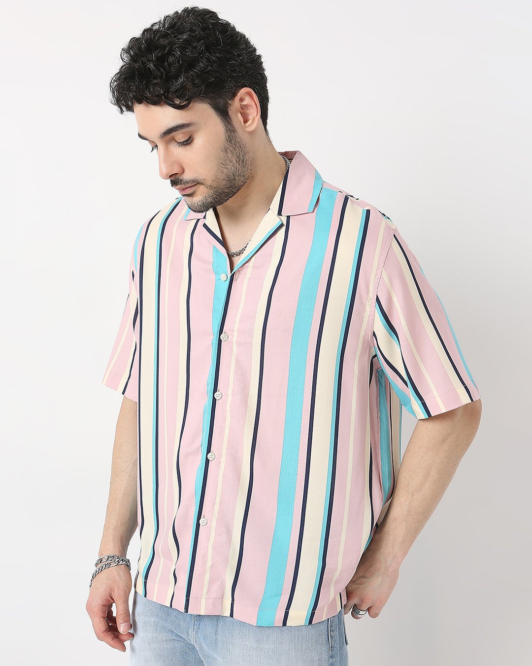 Multicolored Thick and Thin Striped Drop-shoulder Half Sleeve Rayon Shirt