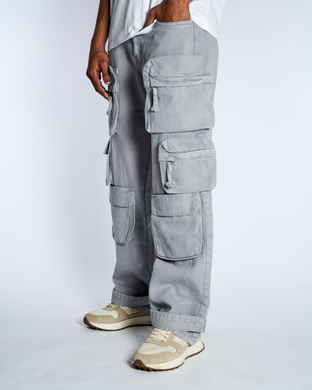 Grey Utility Jeans With Pockets