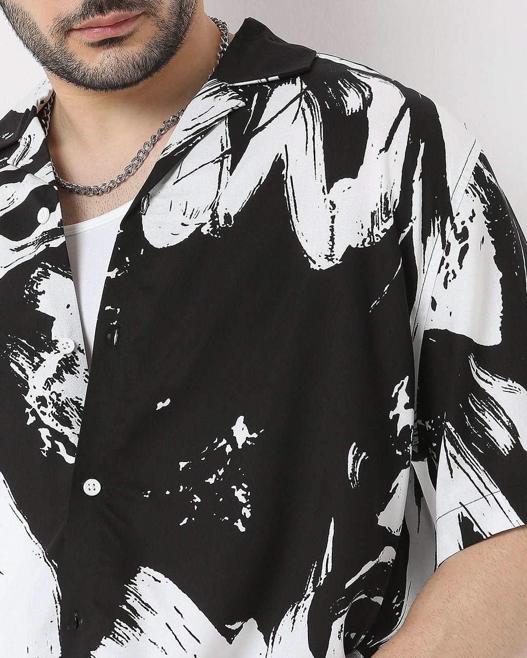 Black and White Abstract Printed Drop-shoulder Half Sleeve Rayon Shirt