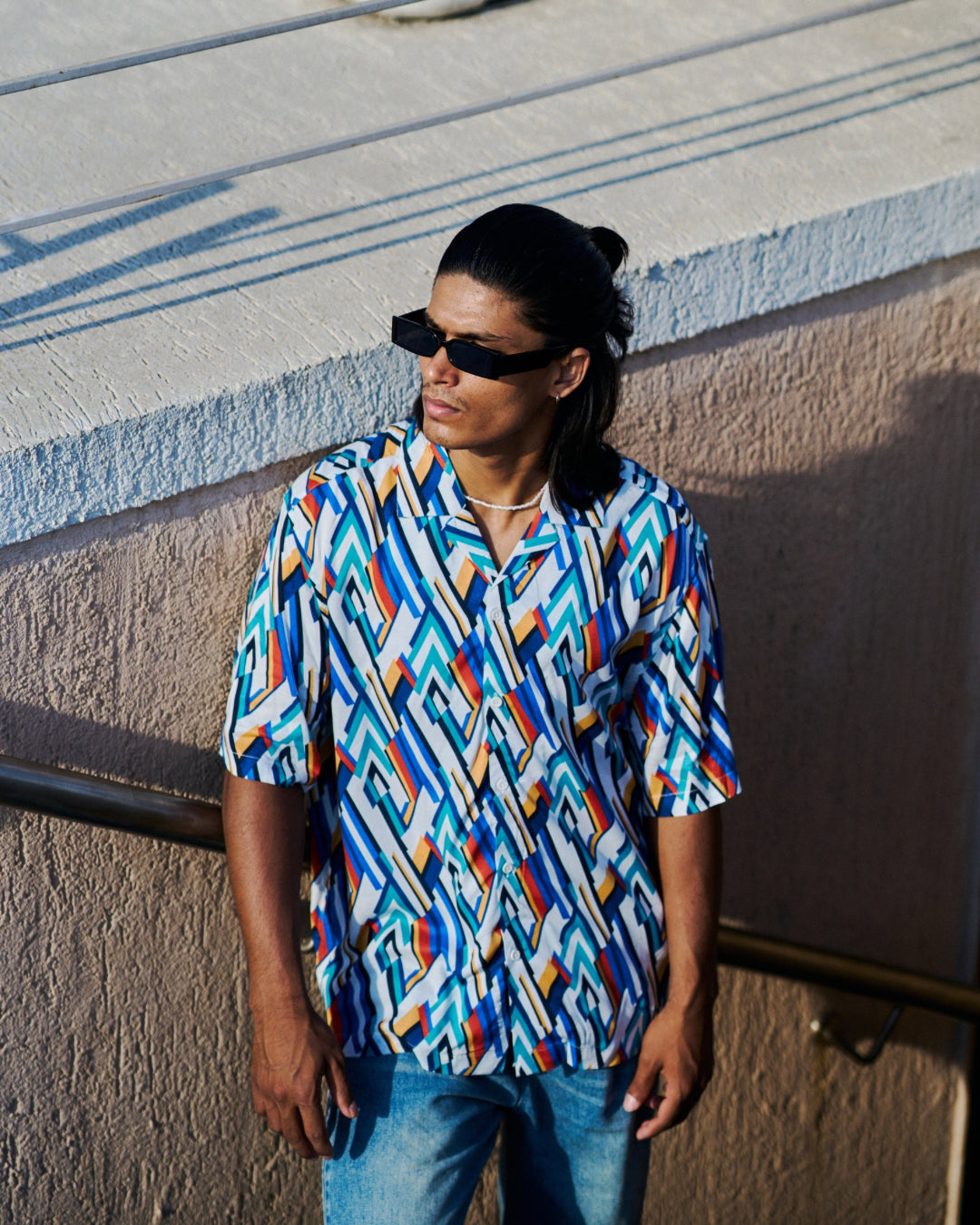 Multicolored Geometric Printed Drop-shoulder Half Sleeve Rayon Shirt