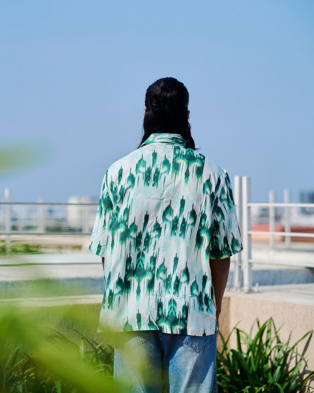 White and Green Matrix Printed Drop-shoulder Half Sleeve Rayon Shirt