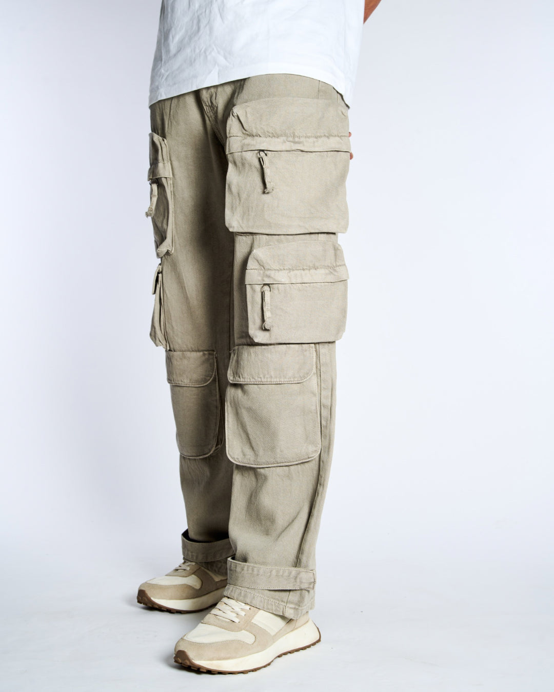 Cream Utility Jeans With Pockets