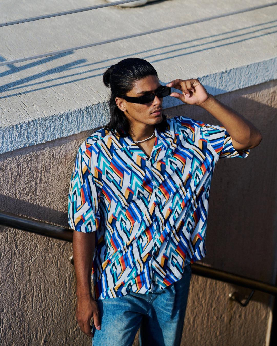 Multicolored Geometric Printed Drop-shoulder Half Sleeve Rayon Shirt