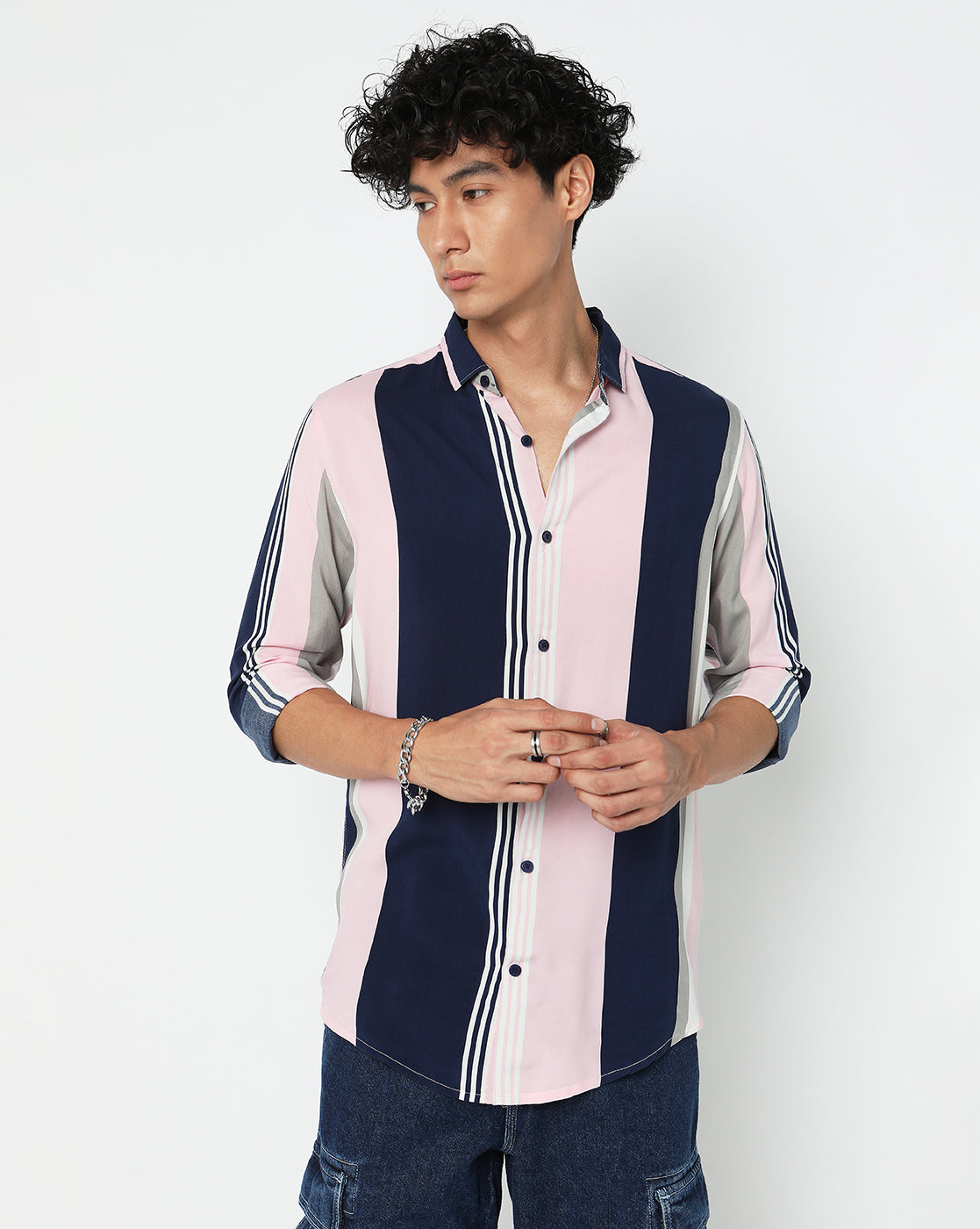 Baby pink and Blue Chalk Striped Rayon Full Sleeve Shirt