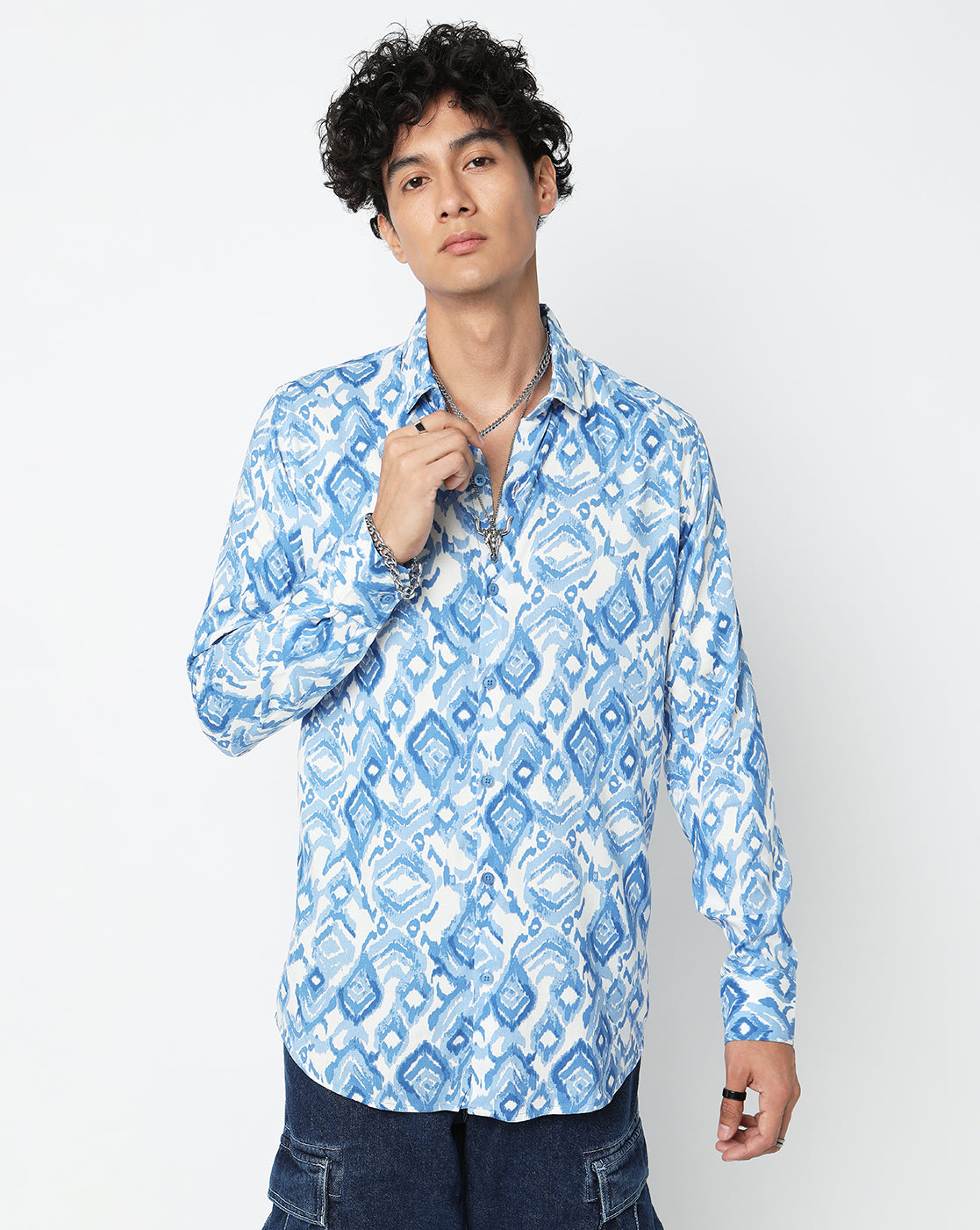 Blue Abstract Crooked Tiles Rayon Full Sleeve Shirt