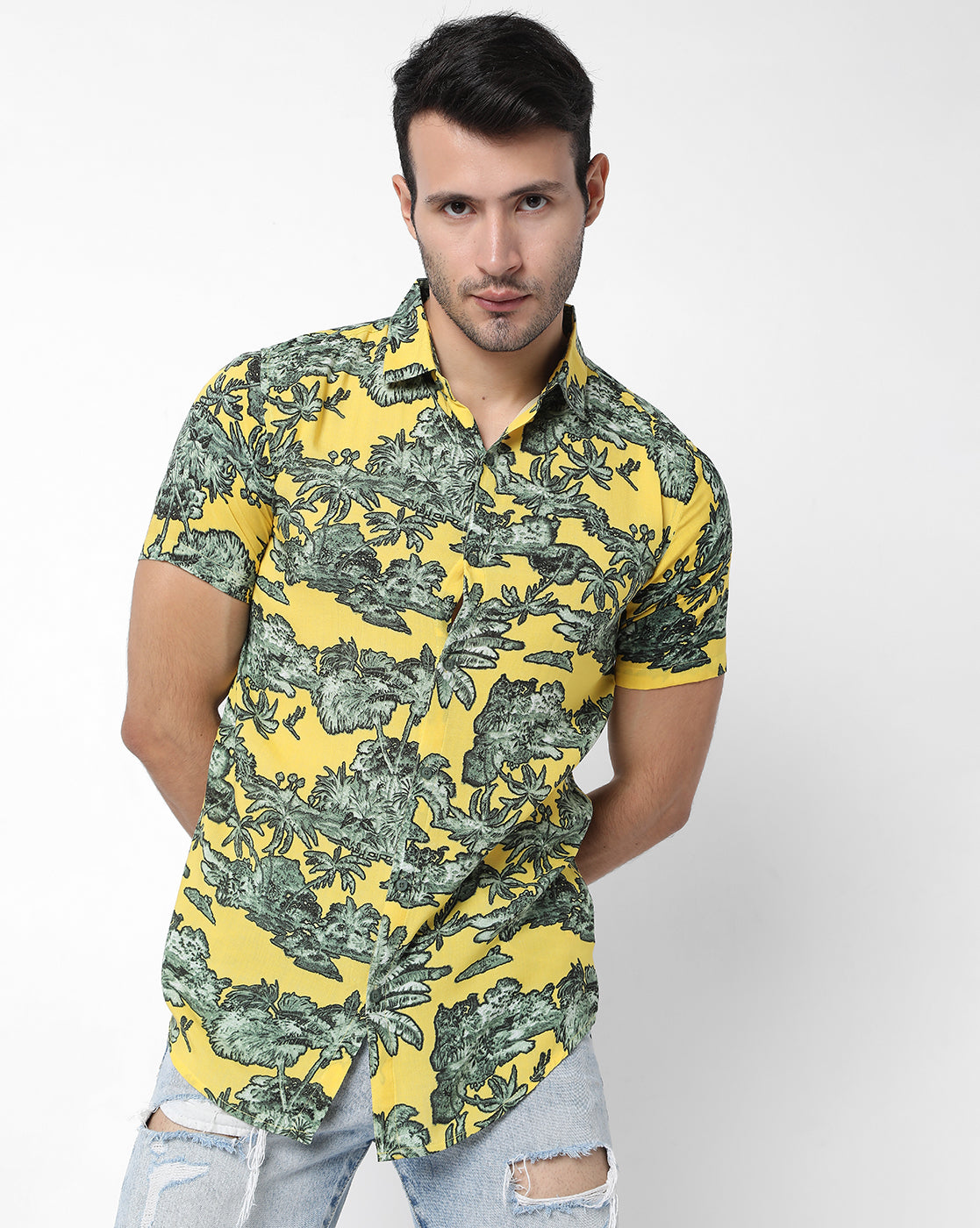 Yellow & Green Tropical Rayon Printed Half Sleeve Shirt