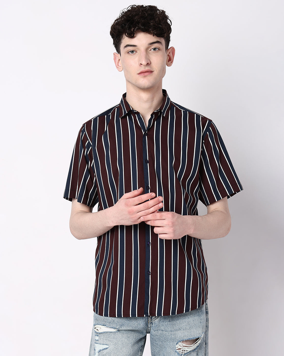 Brown Striped Rayon Half Sleeve Shirt