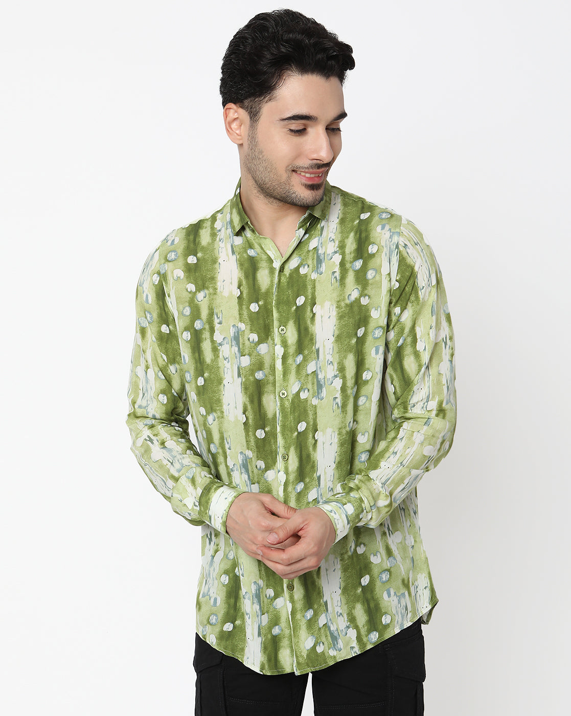 Green Based Abstracted Printed Rayon Full Sleeve Shirt