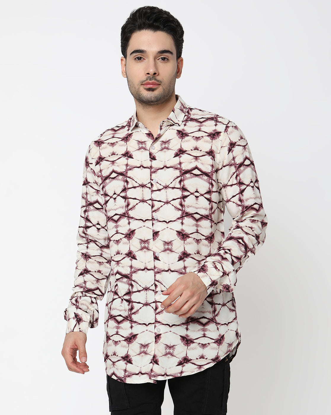 Cream Based Multicolored Abstract Printed Full Sleeve Rayon Shirt