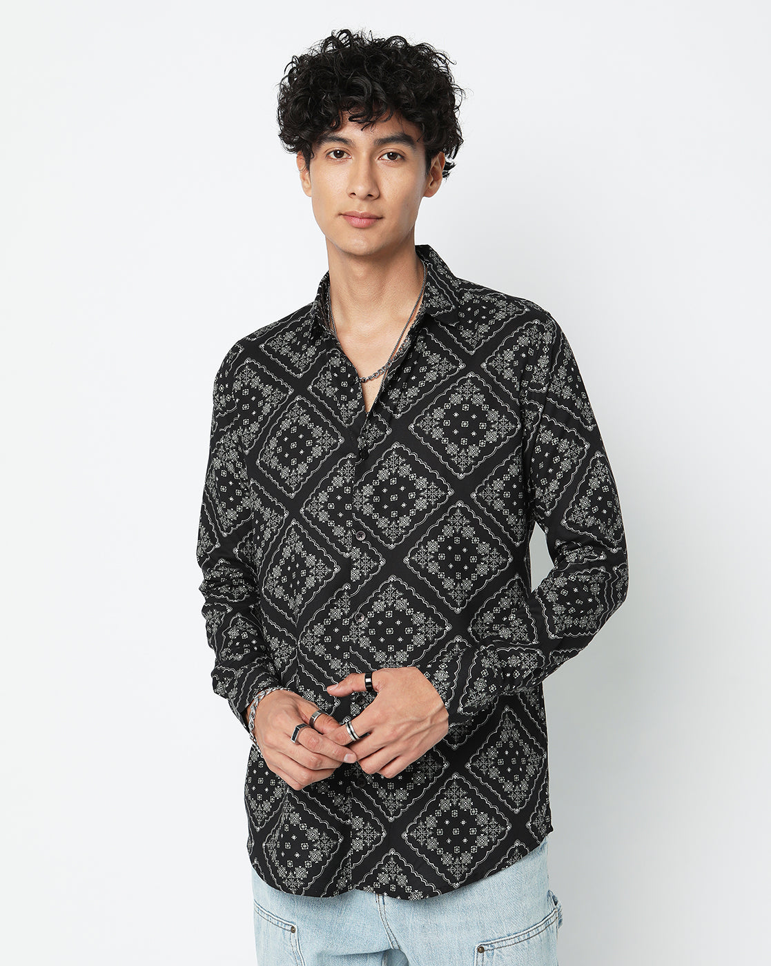 Black Abstract Aztec Tiles Rayon Full Sleeve Shirt