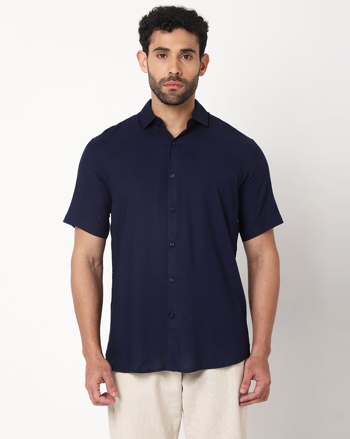 Navy Blue Rayon Plain Half Sleeve Shirt