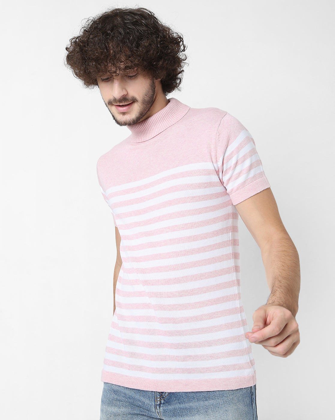 Baby Pink Striped Flat Knit Turtle Neck T-Shirt