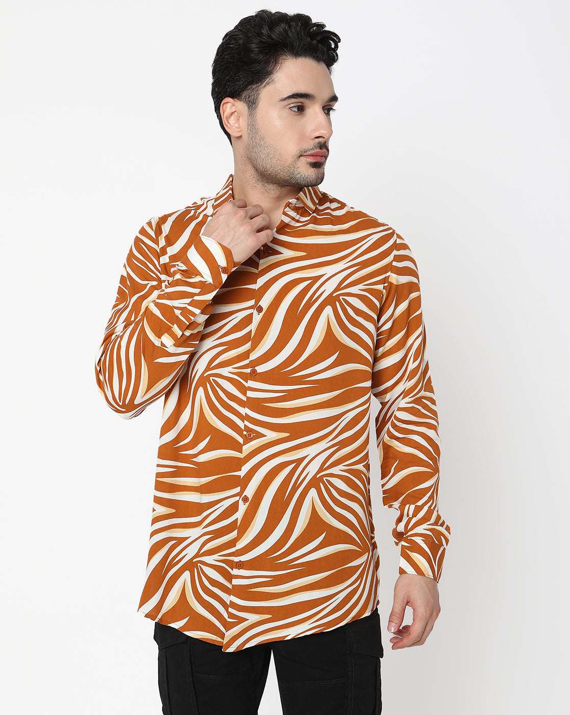 White and Orange Abstract Striped Full Sleeve Rayon Shirt