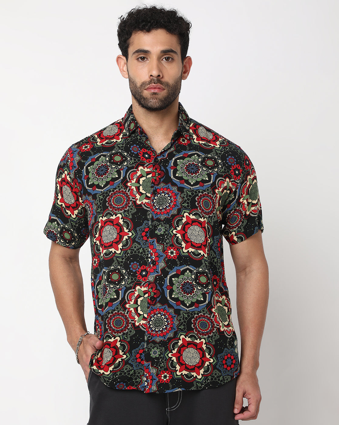 Black Multi Kaleidoscopic Print Rayon Half-Sleeve Shirt