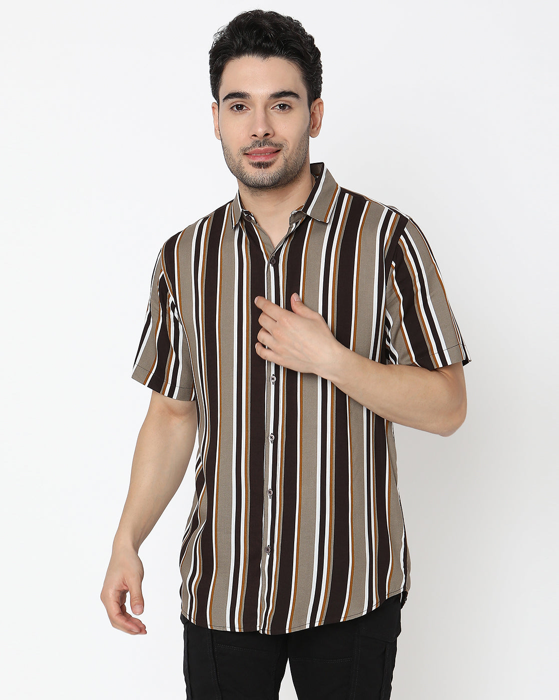 Black and Khakhi Based Thick and Thin Striped Rayon Half Sleeve Shirt