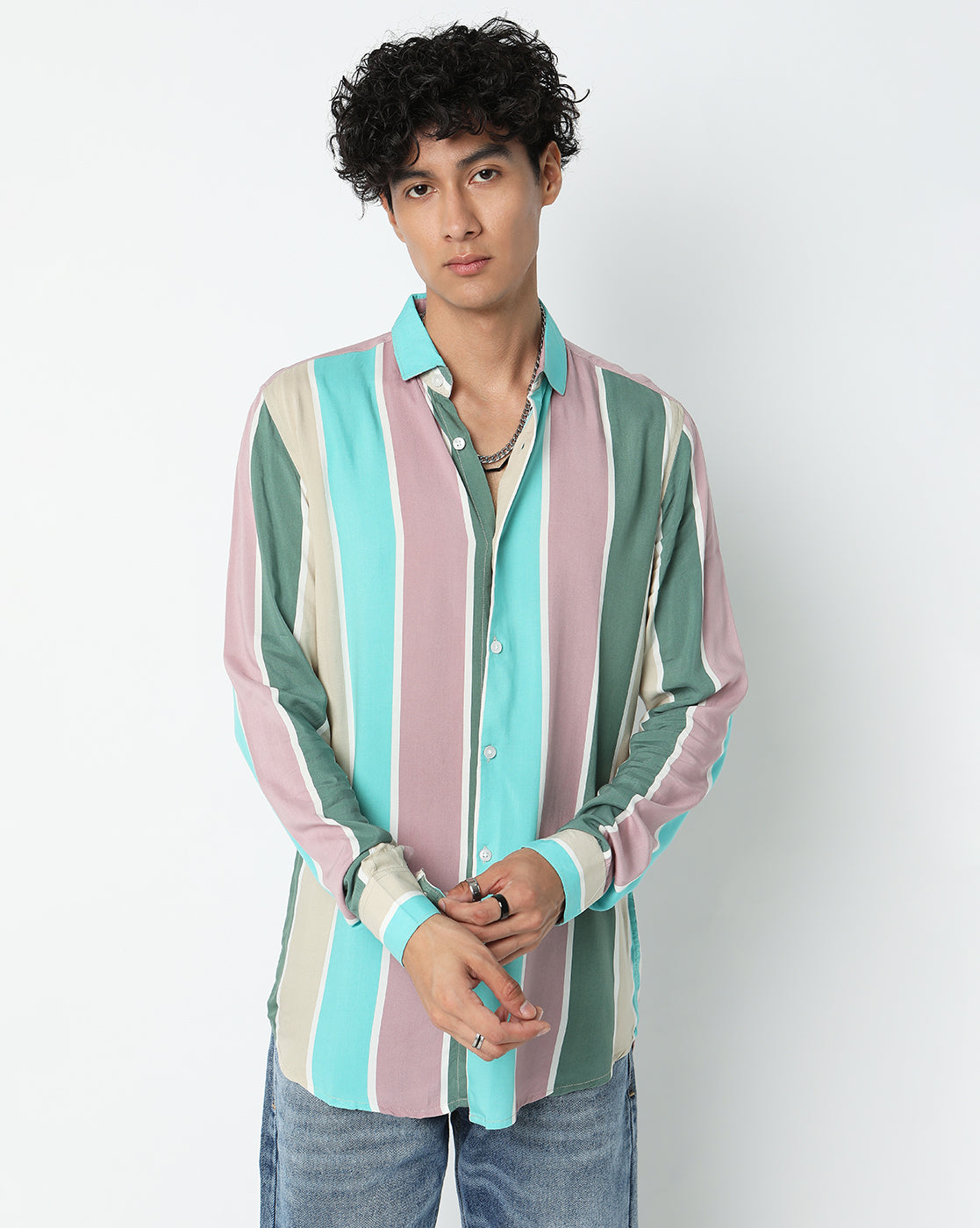 Blue and Pink Thick Striped Rayon Full Sleeve Shirt