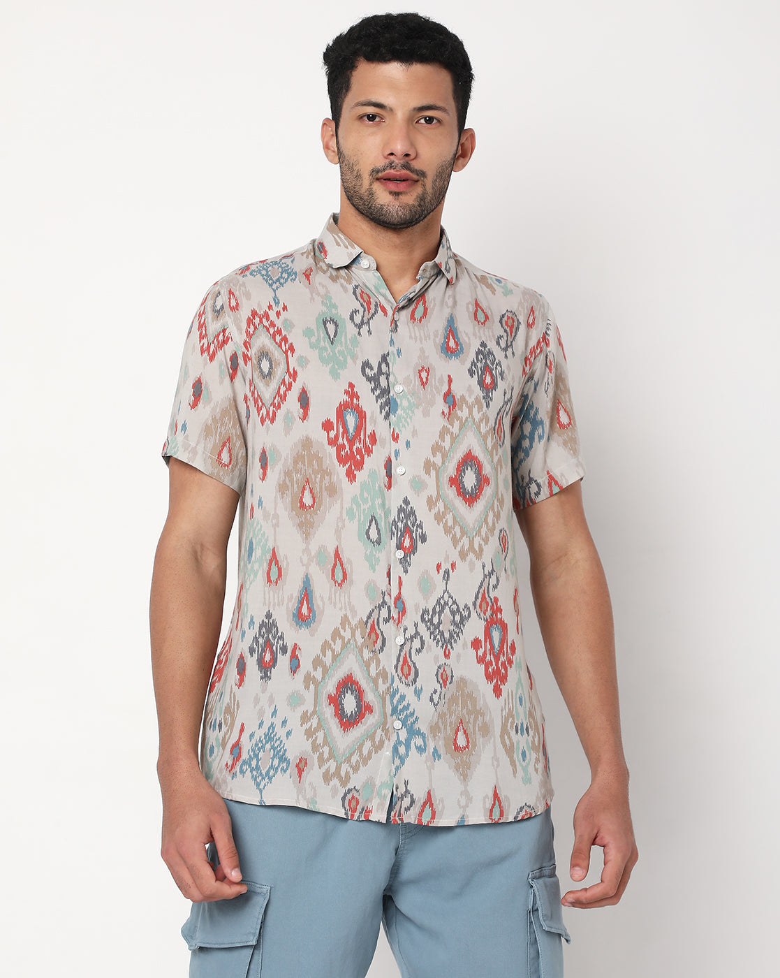 Beige Ikat Print Rayon Half Sleeve Shirt