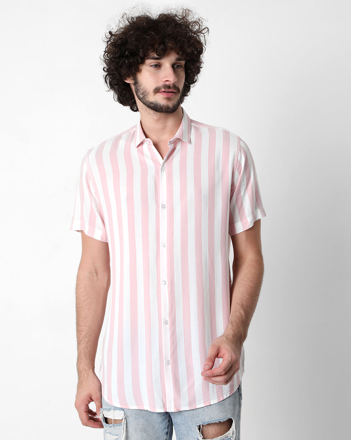 Baby Pink White Bold Stripe Print Rayon Half Sleeve Shirt
