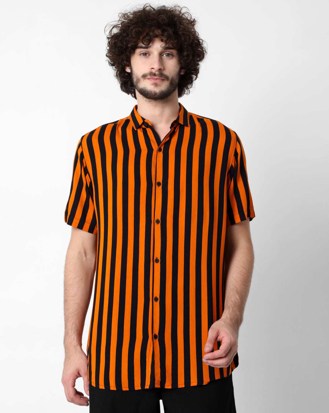 Orange & Black Stripe Print Rayon Half Sleeve Shirt