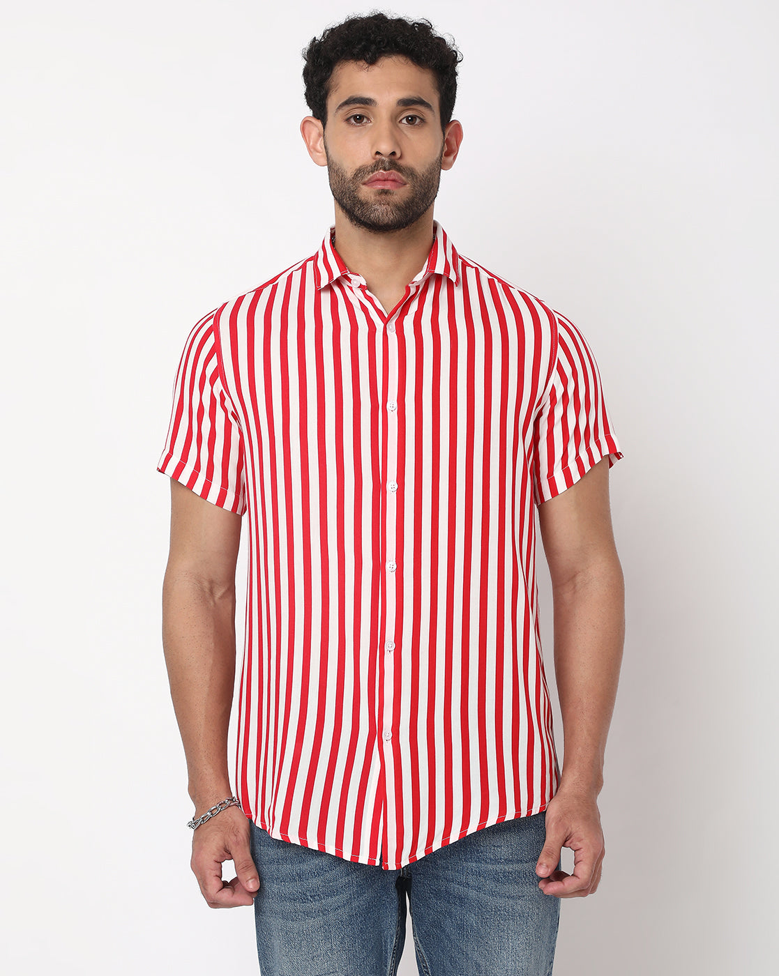 Red & White Vibrant Stripes Rayon Printed Half Sleeve Shirt