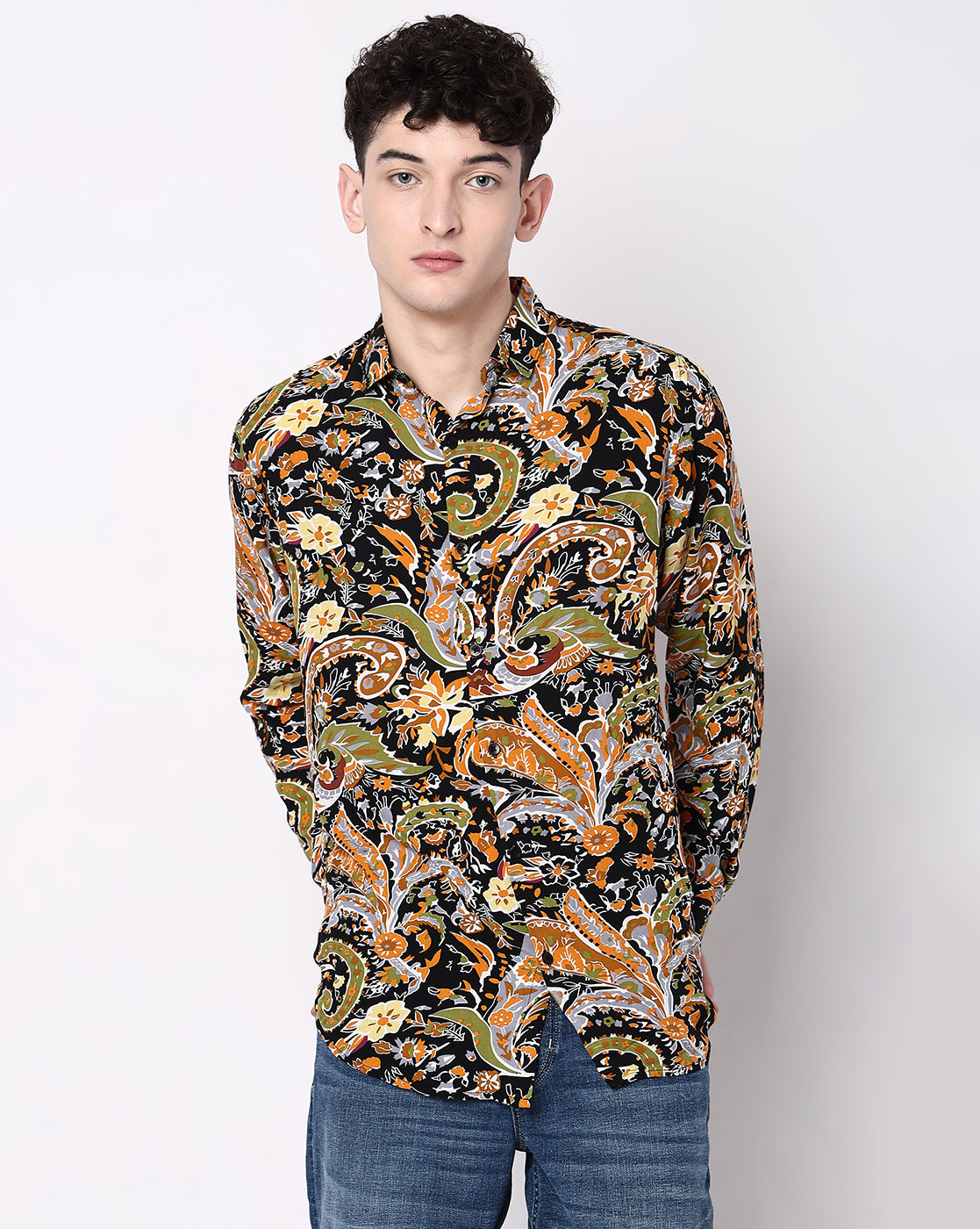 Multicolored Abstract Forest Designed Rayon Full Sleeve Shirt