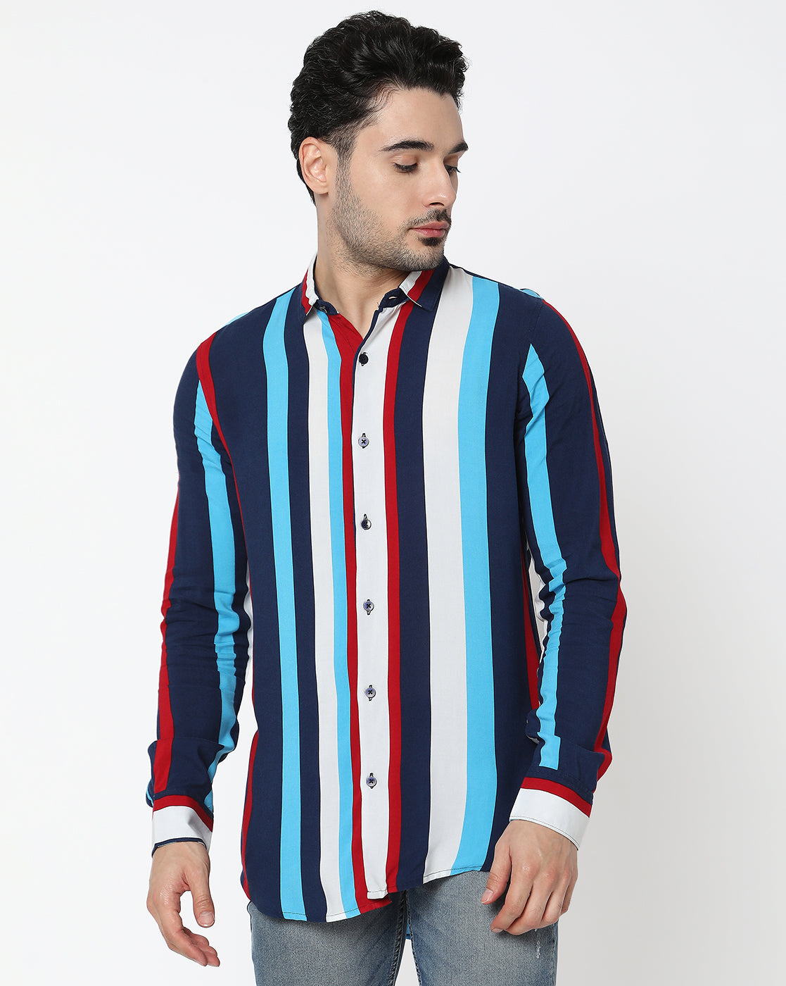 Multicolored Striped Full Sleeve Rayon Shirt