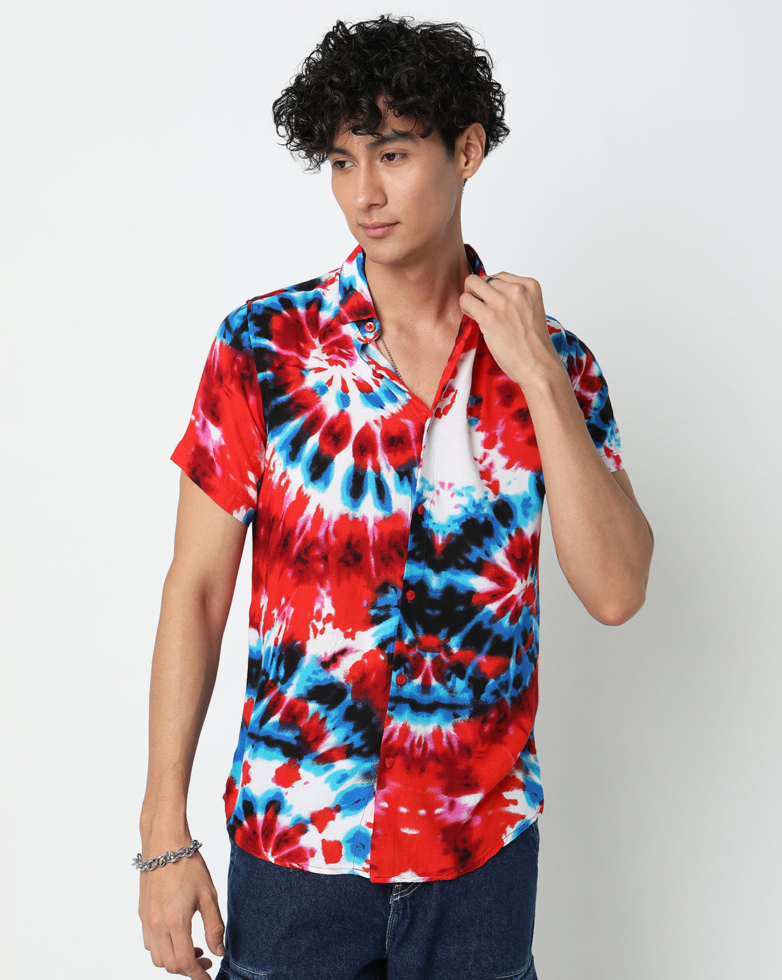 Red and Blue Tie and Dye Rayon Half Sleeve Shirt