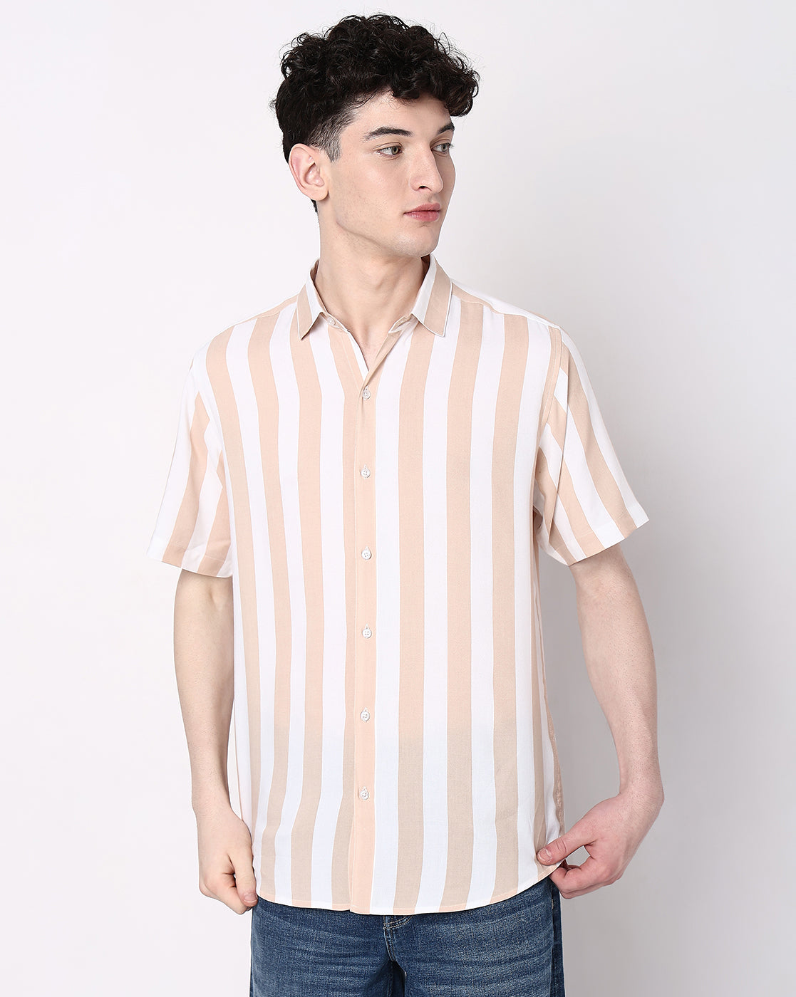 Light Brown Striped Rayon Half Sleeve Shirt