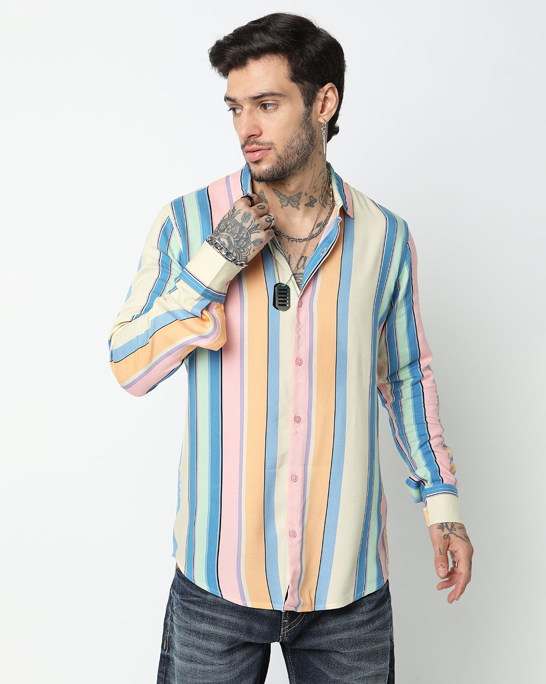 Multicoloured Balanced Stripes Rayon Full Sleeve Shirt