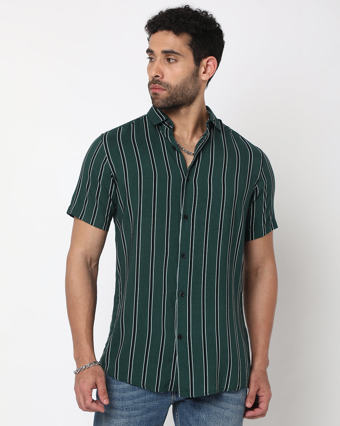 Bottle Green Black Stripes Rayon Printed Half Sleeve Shirt