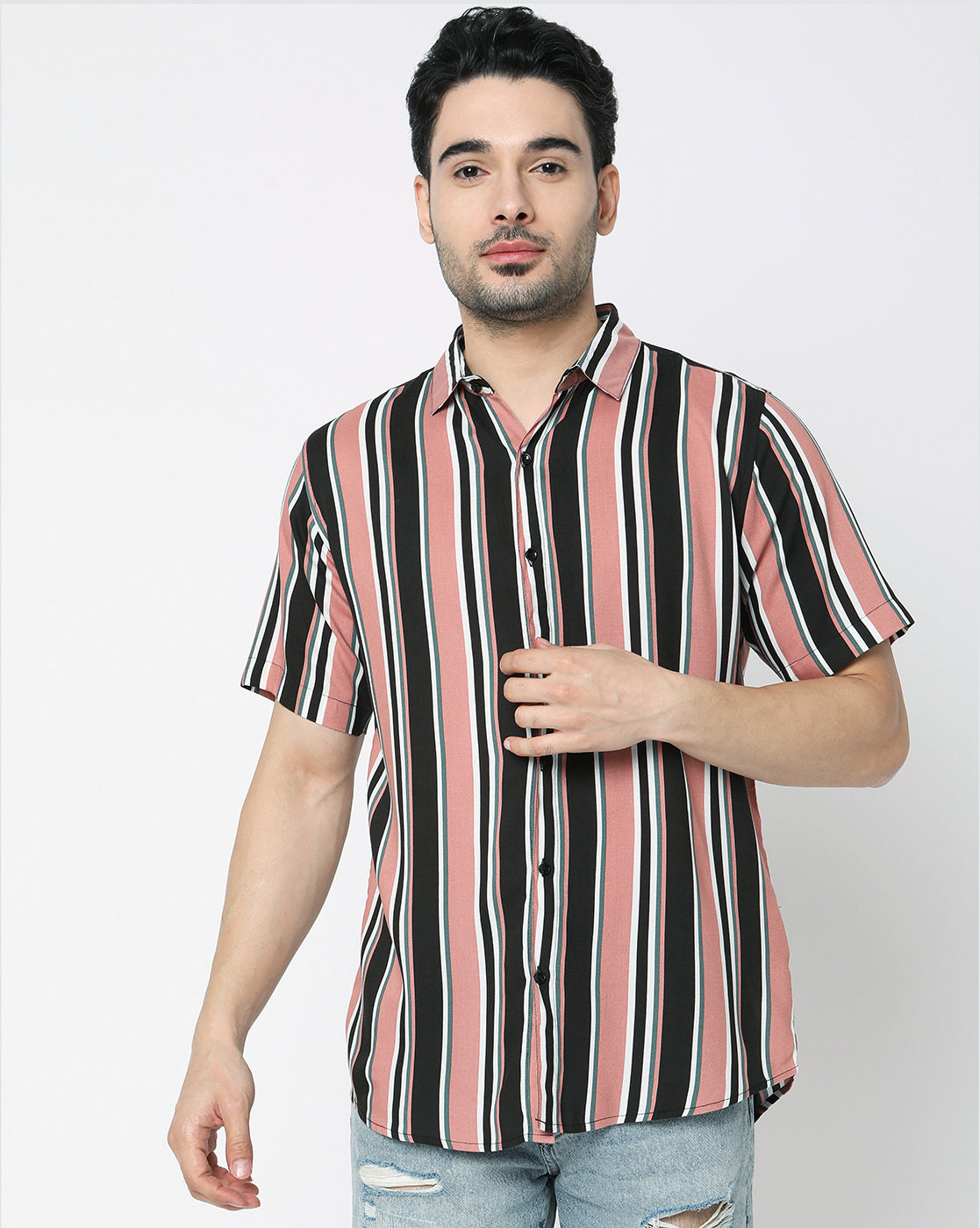 Peach and Black Thick and Thin Striped Rayon Half Sleeve Shirt