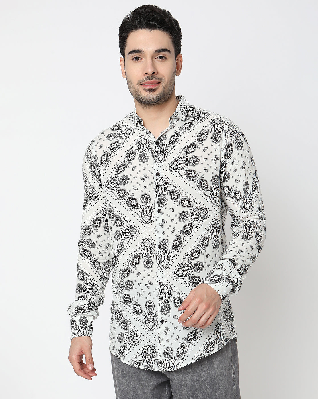 White Based Abstract Printed Full Sleeve Rayon Shirt