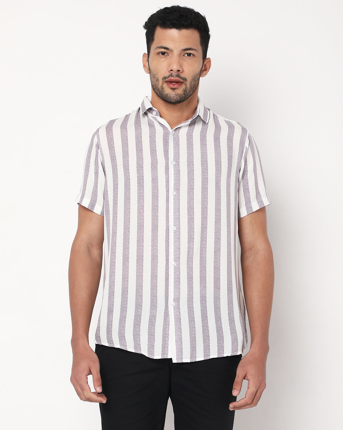 Purple White Grained Stripes Rayon Printed Half Sleeve Shirt