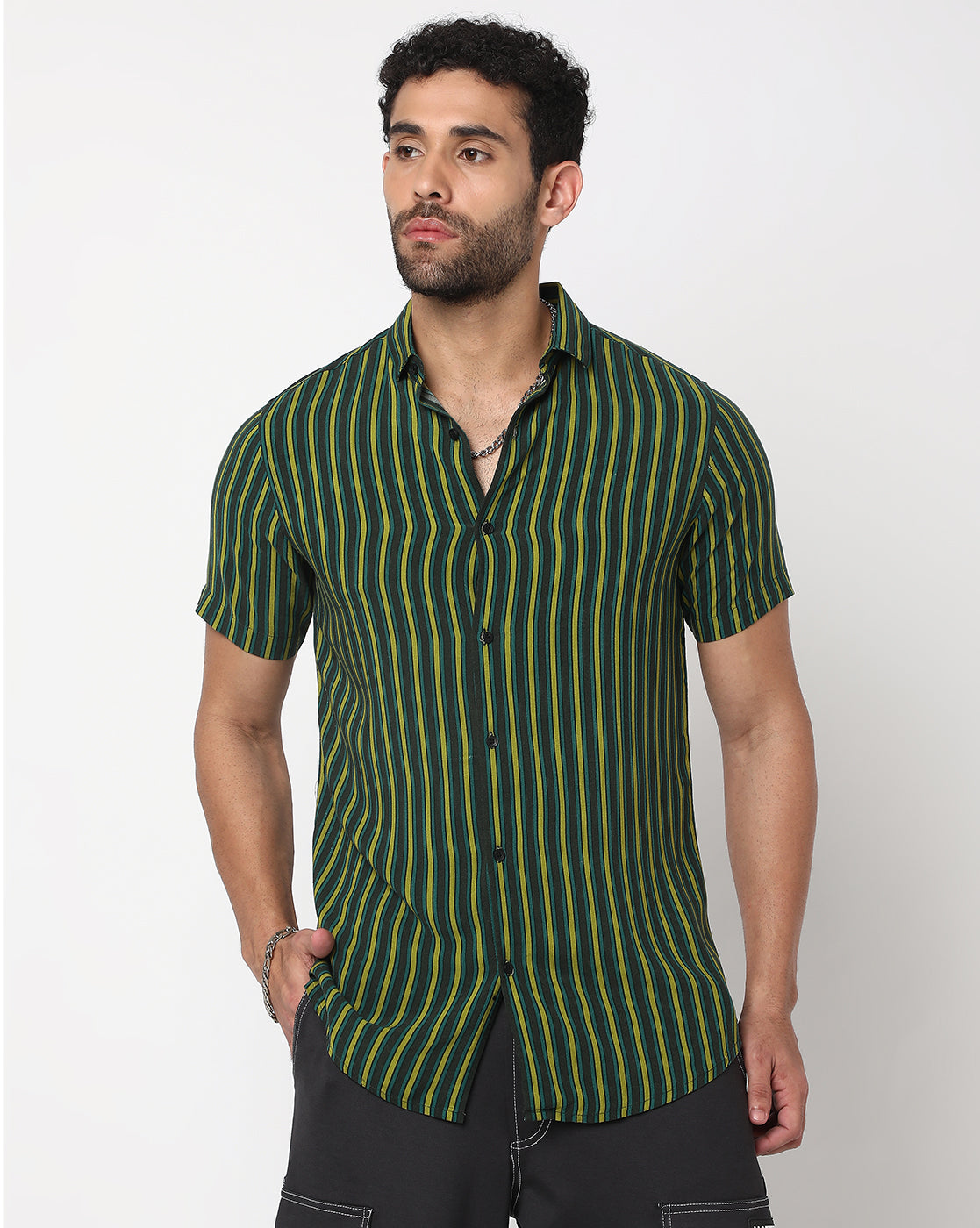 Green Shaded Stripes Rayon Printed Half Sleeve Shirt