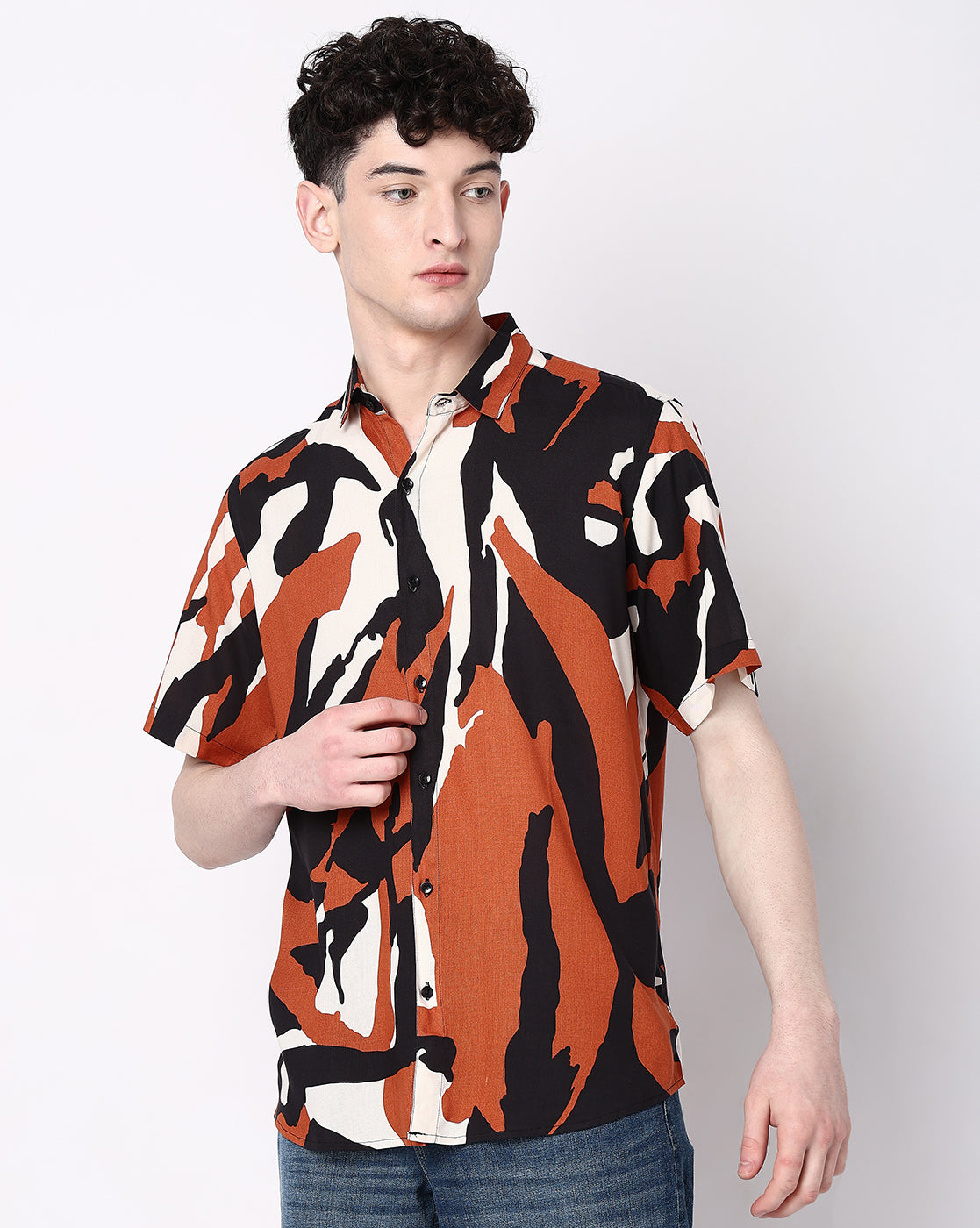 Multicolored Abstract Stripes Rayon Half Sleeves Shirt