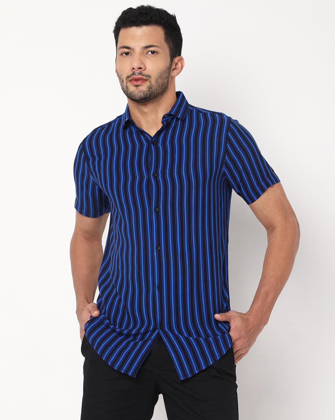 Black & Blue Shaded Stripes Rayon Printed Half Sleeve Shirt