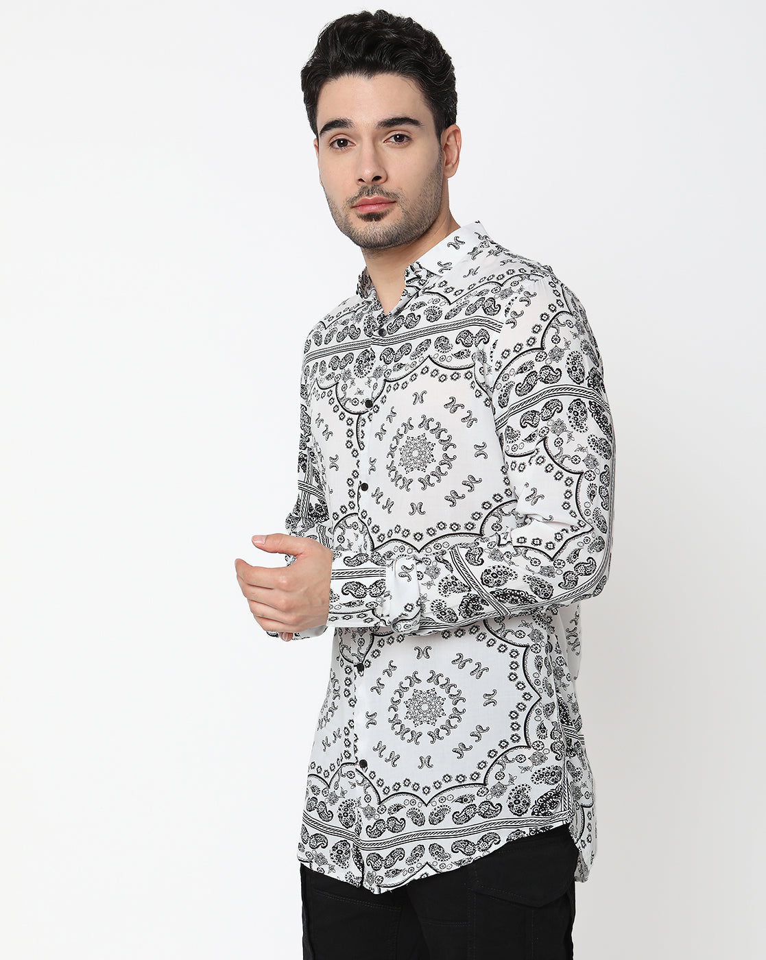 White and Black Printed Full Sleeve Rayon Shirt