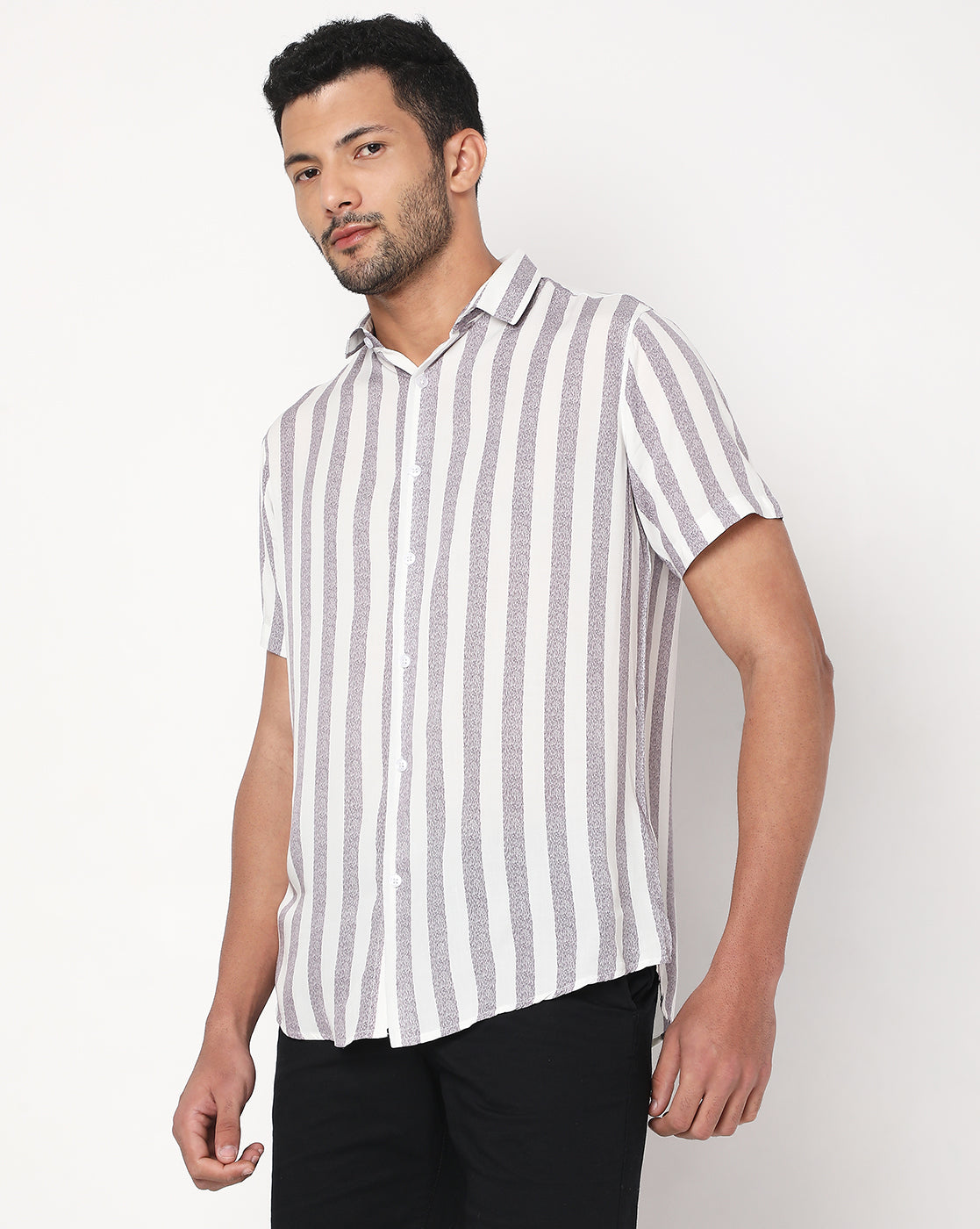 Purple White Grained Stripes Rayon Printed Half Sleeve Shirt